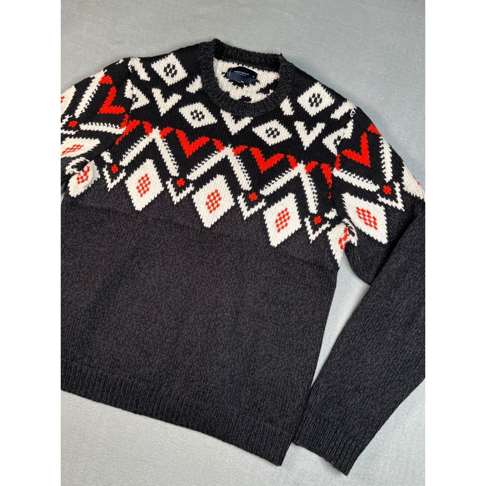 Lucky‎ Brand Chunky knit Sweater L Fair Isle Charcoal Red White Granpd Cottage